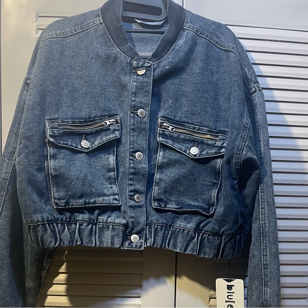 Blu[edit] Denim Cropped Bomber Jacket - Blue